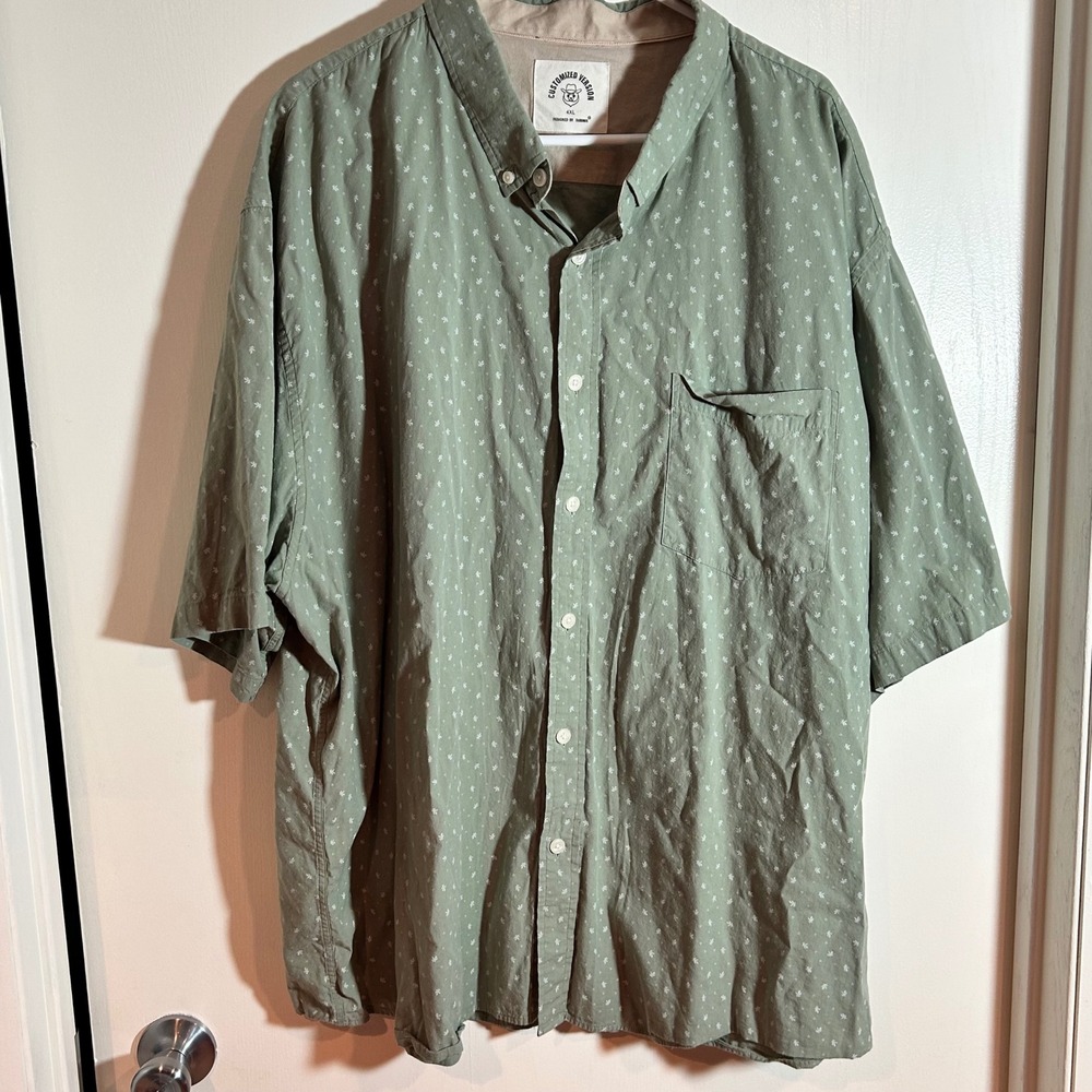 Customized Version Mens 4XL‎ Button Up Shirt Short Sleeve Leaf Print Sage Green